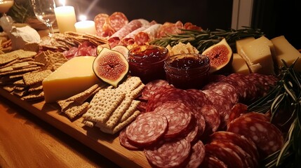 A tantalizing charcuterie board featuring an assortment of cured meats, artisanal cheeses, and gourmet crackers