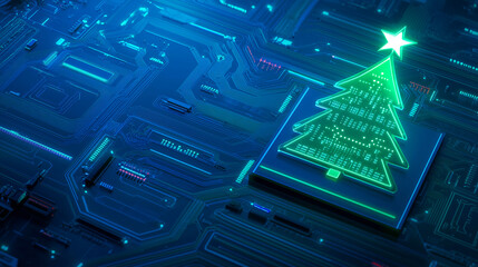 Obraz premium Neon Christmas tree glowing on a digital circuit board in a dark setting during holiday season