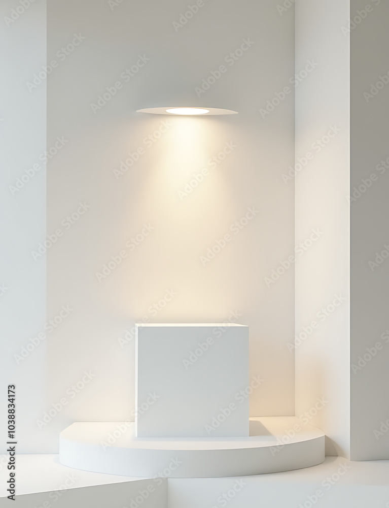 Poster A minimalist display features white platforms and soft ambient lighting for an understated aesthetic.
