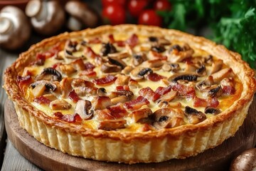 Chicken and mushroom quiche with cheese and bacon Chicken tart Chicken pie Mushroom pie