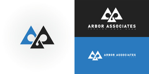 Modern initial triangle vector letter A or AA logo in blue-black color isolated on multiple background colors. The logo is suitable for real estate investment logo design inspiration templates.