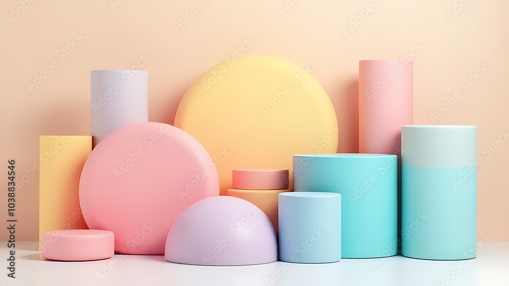 Poster A modern abstract setup features geometric shapes in vibrant pastel colors arranged to create a visually appealing display.