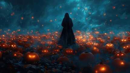 A mysterious, shadowy figure stands in a surreal pumpkin patch, where reality warps around the figure and the pumpkins glow with unnatural light, creating an eerie yet mesmerizing scene.