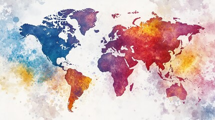 Naklejka premium Vibrant watercolor world map with splashes of color, showcasing continents in vivid hues and artistic design for creative exploration