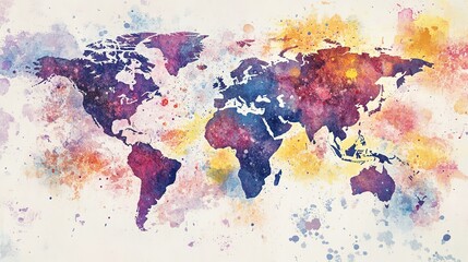 Vibrant watercolor world map with splashes of color, showcasing continents in vivid hues and artistic design for creative exploration