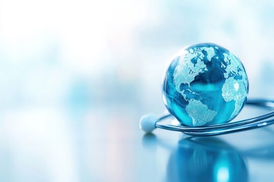 A close-up of the Earth with a stethoscope, symbolizing global health and medical care