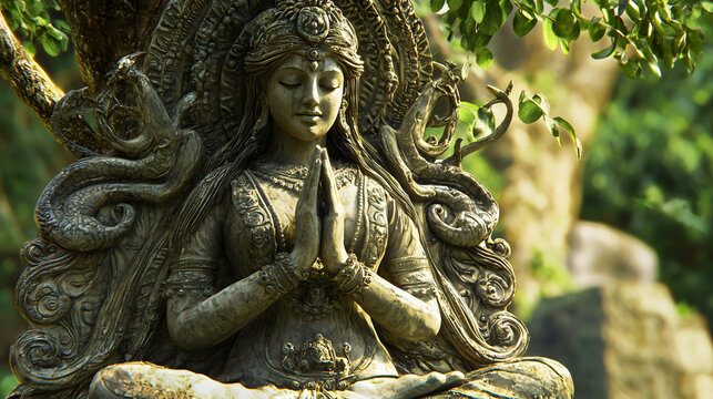 The goddess Asherah, her statue made of wood and stone in her floral garden, the goddess Asherah or Astarot from the Bible.