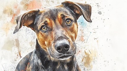 A playful dog sits calmly against a light background, showcasing its expressive features and friendly demeanor in a cheerful setting