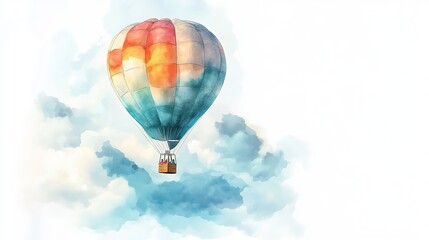 Naklejka premium Colorful hot air balloon soaring through the clouds on a sunny day with a bright blue sky in the background