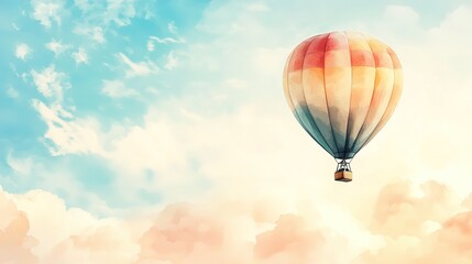 Fototapeta premium Colorful hot air balloon soaring through the clouds on a sunny day with a bright blue sky in the background