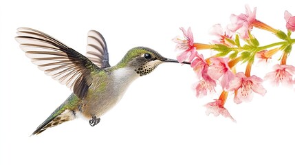 Fototapeta premium A colorful hummingbird feeding on blooming flowers in a serene garden during springtime