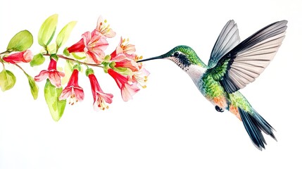 Obraz premium A colorful hummingbird feeding on blooming flowers in a serene garden during springtime