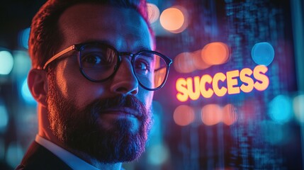 A businessman love a glowing holographic "SUCCESS" display