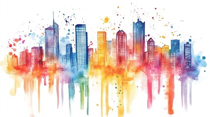 Obraz premium Colorful watercolor skyline of a vibrant city with tall buildings and splashes of artistic hues