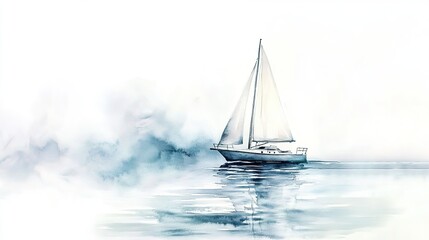 Fototapeta premium A serene sailboat drifting through calm waters under a hazy sky in a watercolor style