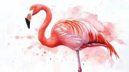 A vibrant pink flamingo stands elegantly against a splash of watercolor in an artistic depiction of wildlife