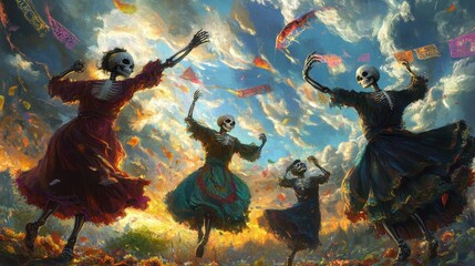 A mystical realism portrayal of dancers with calavera faces in motion, their painted skull faces glowing faintly as they dance under a sky filled with swirling