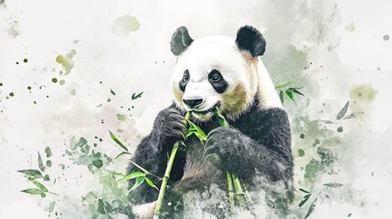A playful panda cub enjoying bamboo in a lush green environment during a sunny day in its natural habitat