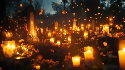A mystical scene in a candlelit cemetery, where the spirits of the dead move gently among glowing altars, the candles flickering with supernatural energy 