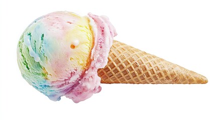 A colorful ice cream cone featuring swirls of pink, blue, and yellow piled high on a waffle cone against a white background