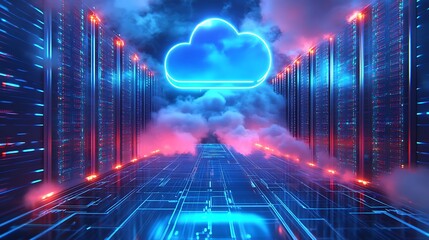 Futuristic Cloud Computing Network Servers. Digital illustration of cloud computing infrastructure with vibrant blue neon lights and futuristic data servers.
