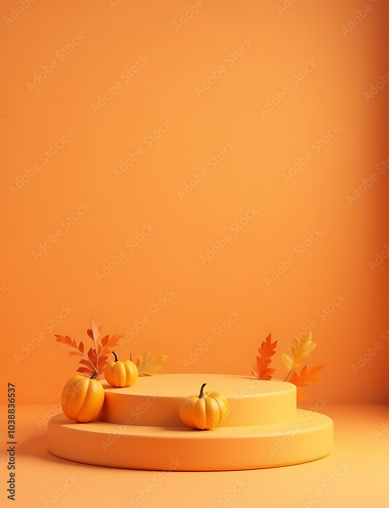 Poster A podium with autumn decorations is set in a simple background for product showcasing purposes on an orange display platform.