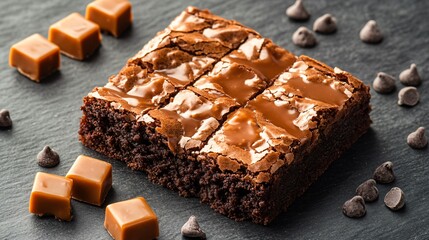 Chewy brownies with caramel topping, isolated on a charcoal slate background, with small caramel cubes and chocolate chips around