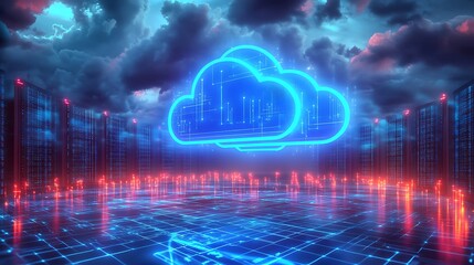 Obraz premium Futuristic Cloud Computing Network Servers. Digital illustration of cloud computing infrastructure with vibrant blue neon lights and futuristic data servers.