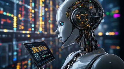 A futuristic robot analyzing data on a tablet amidst a digital backdrop.