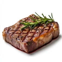 Grilled Ribeye Steak with Bone on White Background, Perfectly Cooked Medium-Rare with Juicy Marbling and Charred Grill Marks.