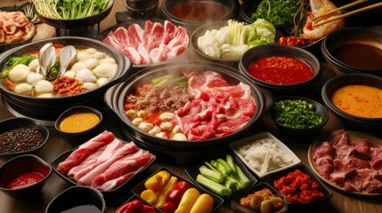 Fototapeta premium A tantalizing hot pot spread featuring a variety of meats, seafood, and fresh vegetables