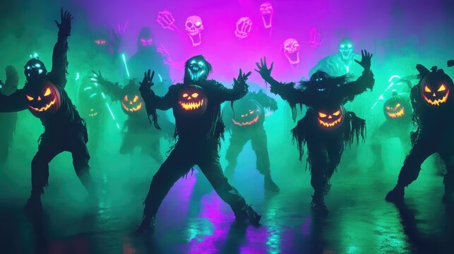 A neon horror scene of classic Halloween monsters dancing under bright, glowing green and purple lights, their silhouettes outlined in neon