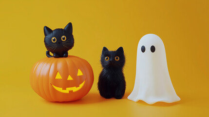 Halloween party team ready to action, photo studio look, card postal design, poster design