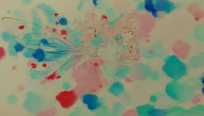 Artistic watercolor background with hand-drawn figures and colorful splashes and copy space