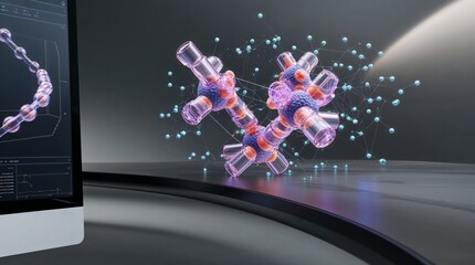 Innovative Molecular Structure Model Displayed on Modern Computer Screen in Futuristic Office Setting