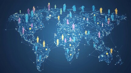 A Global Network of Interconnected People Represented by a World Map with Silhouettes