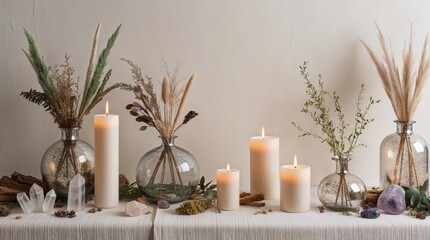 Elegant Arrangement With Lit Candles and Natural Decor Elements on a Soft Linen Table