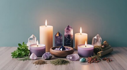 Serene Meditation Setting With Lit Candles, Healing Crystals, Aromatic Herbs, And Essential Oils On Wooden Table