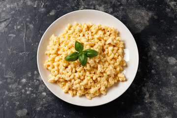 Creamy mac and cheese macaroni in a white bowl
