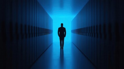 A lone figure stands in a dimly lit corridor, silhouetted against a vibrant blue light, evoking mystery and contemplation.
