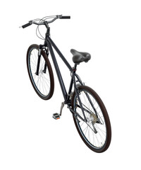 Black bicycle, side top view. Black leather saddle and handles. Png clipart isolated on transparent background