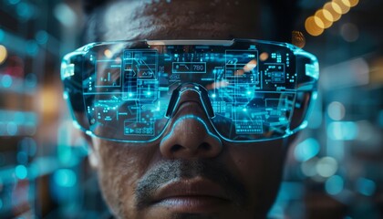 Man using augmented reality glasses with digital interface overlay, representing futuristic technology and immersive virtual experience.