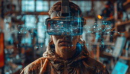 Man with futuristic virtual reality headset exploring digital world in a high-tech environment, immersed in holographic interface.