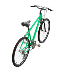 Obraz premium Green bicycle, top back view. Black leather saddle and handles. Png clipart isolated on transparent background