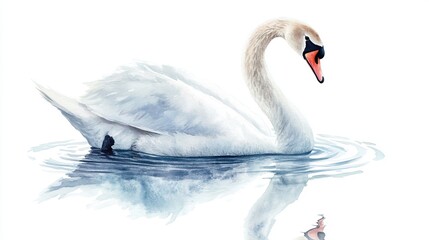 A serene white swan gliding gracefully on calm waters beneath a soft, misty sky at dawn