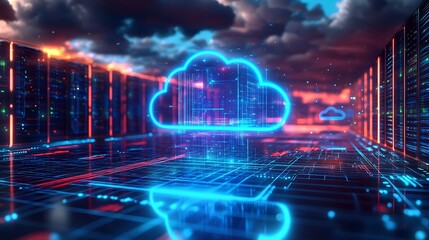 Obraz premium Futuristic Cloud Computing Network Servers. Digital illustration of cloud computing infrastructure with vibrant blue neon lights and futuristic data servers.