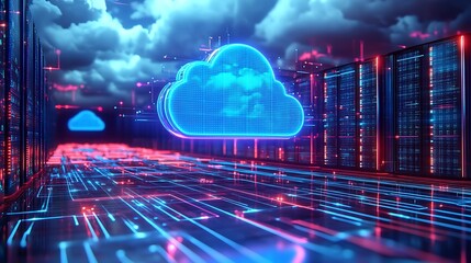 Futuristic Cloud Computing Network Servers. Digital illustration of cloud computing infrastructure with vibrant blue neon lights and futuristic data servers.