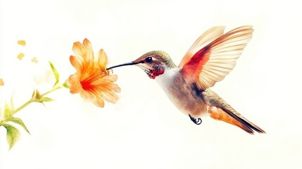 Naklejka premium A hummingbird hovering gracefully near vibrant blossoms in a colorful, artistic landscape