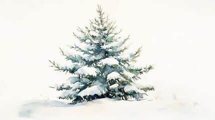 Fototapeta premium A snowy evergreen tree stands majestically in a winter landscape surrounded by gentle white snowflakes in a serene, quiet environment