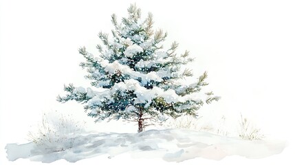 Fototapeta premium A snowy evergreen tree stands majestically in a winter landscape surrounded by gentle white snowflakes in a serene, quiet environment